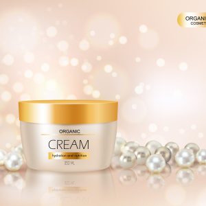 Beautiful realistic vector illustration for advertisement of organic cosmetic series with face cream container and pearls